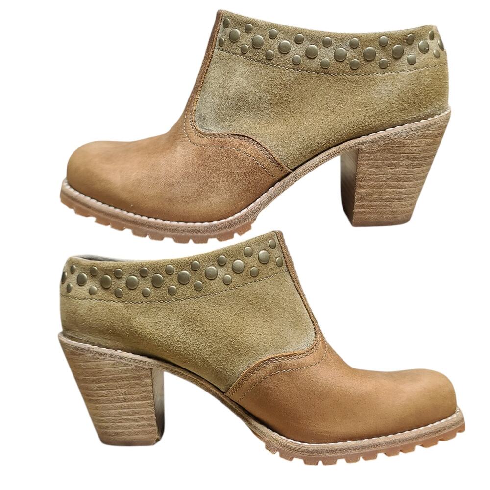 Woolrich Kiva Brown Leather Studded Western Mule Clog Bootie Heels Shoes 6 1/2